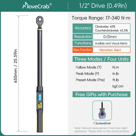 MOVECRAB Digital Torque Wrench 1.5-340N.m &ndash; High Precision with Buzzer and LED Notification 17-340N.m-vibration