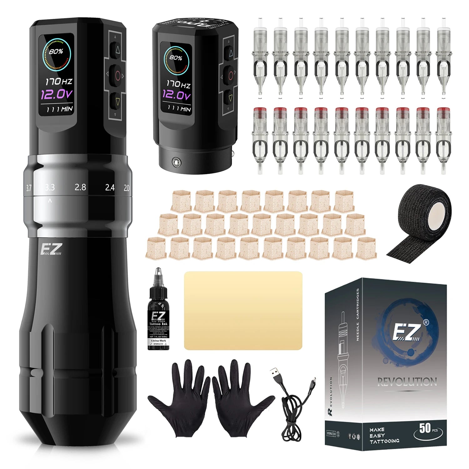 EZ P3 Pro Wireless Tattoo Machine Kit - Adjustable Stroke Gloss GrayX2Power