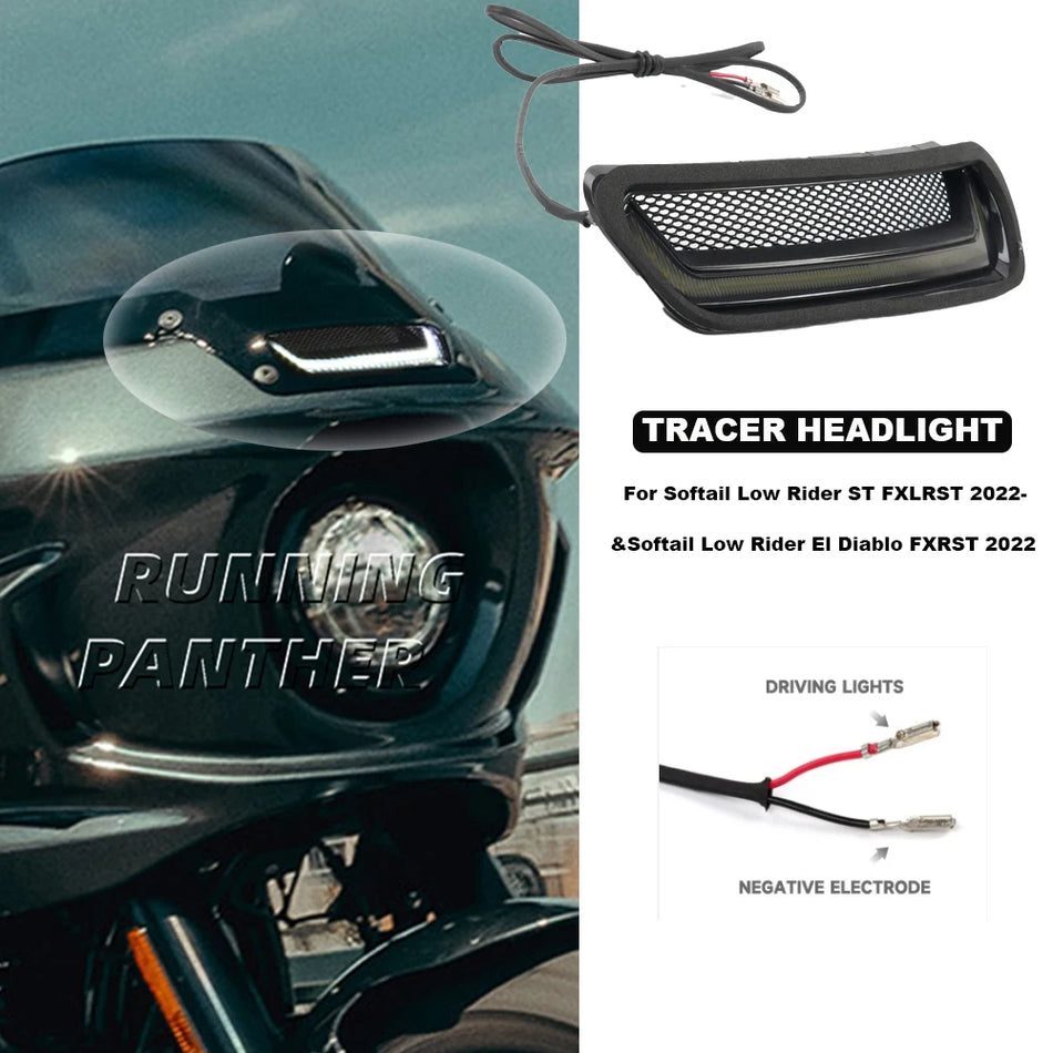 Priekšējā luktura montāža ar baltu Tracer LED ventilāciju Harley Softail Low Rider ST FXLRST FXRST 2022-2025