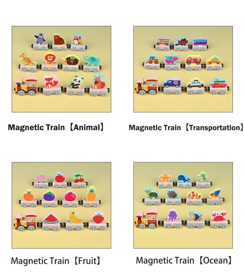 Montessori Magnetic Wooden Educational Train Set - Learning Colors and Animals Puzzle for Kids, Includes 10 Carriages with Cute Themes