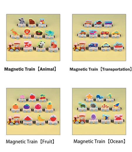 Montessori Magnetic Wooden Educational Train Set - Learning Colors and Animals Puzzle for Kids, Includes 10 Carriages with Cute Themes