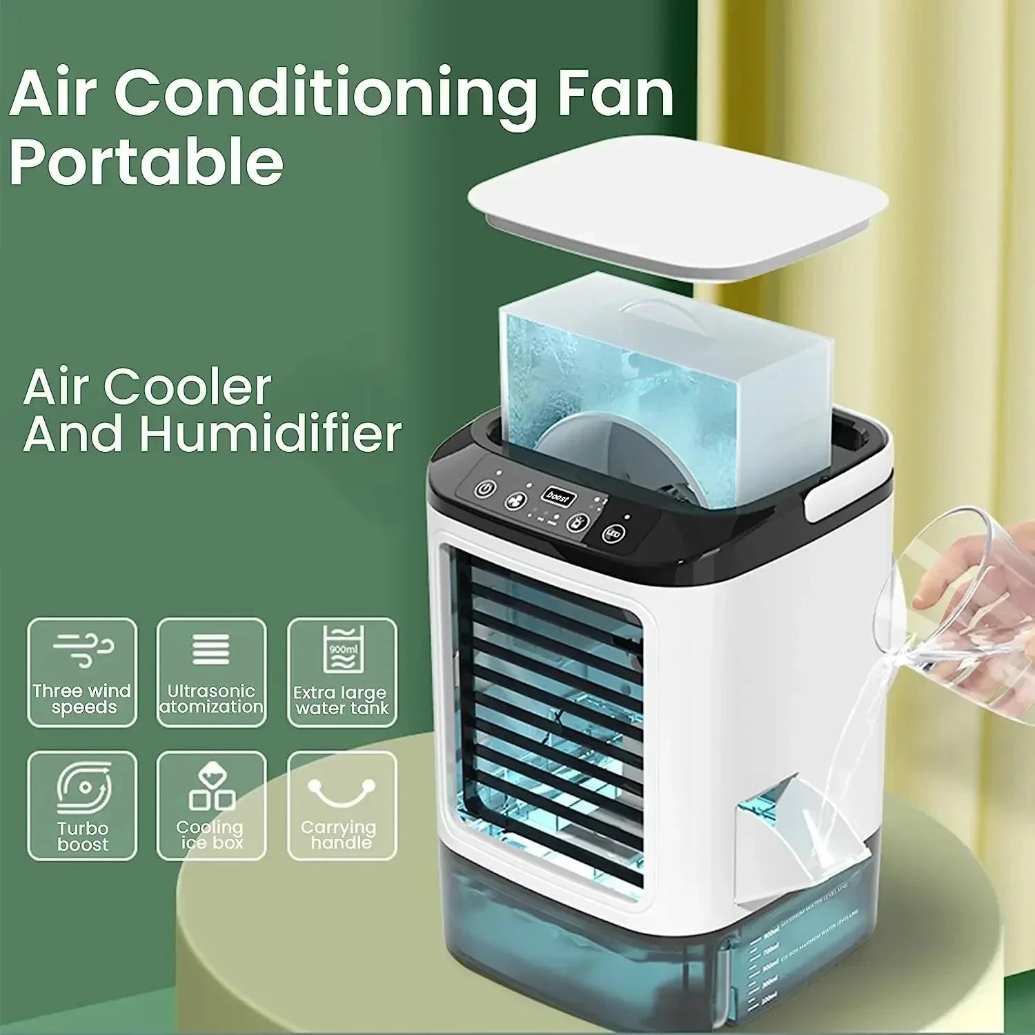 Portable 3-Speed Mini Air Conditioner with Humidifier, 900ML Tank