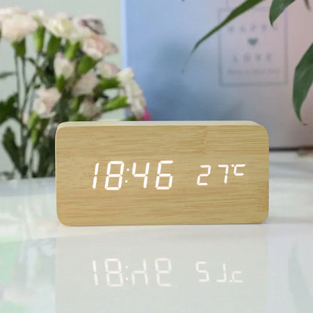 Sleek Wooden Digital Alarm Clock with Voice Control and USB Charging Wood color Rectangle