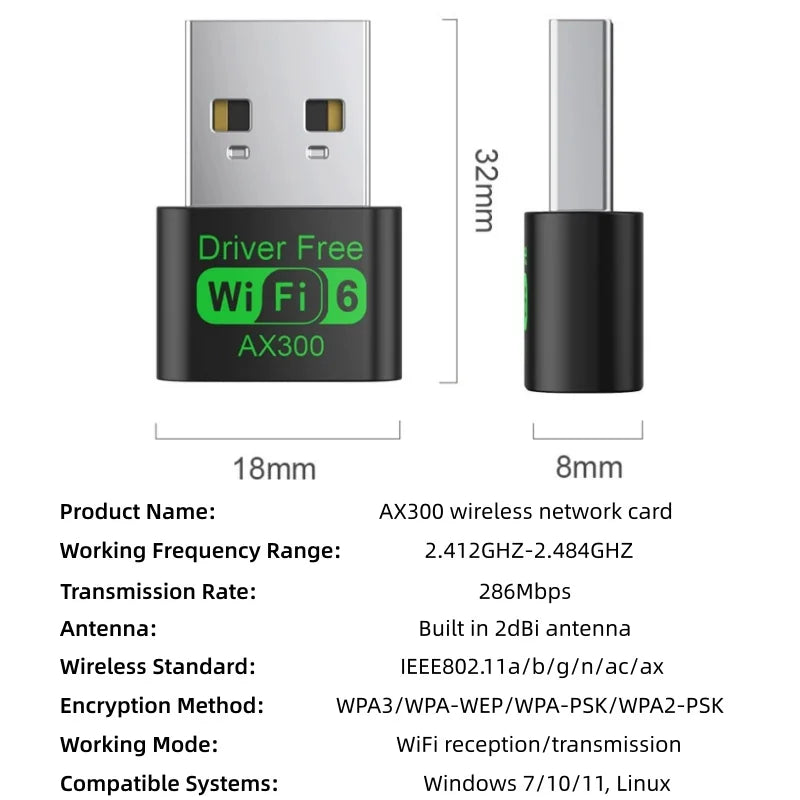 AX300 WiFi 6 Μίνι USB Αντάπτορας, Χωρίς Οδηγούς, Κάρτα Ασύρματης Σύνδεσης 2.4G για Windows