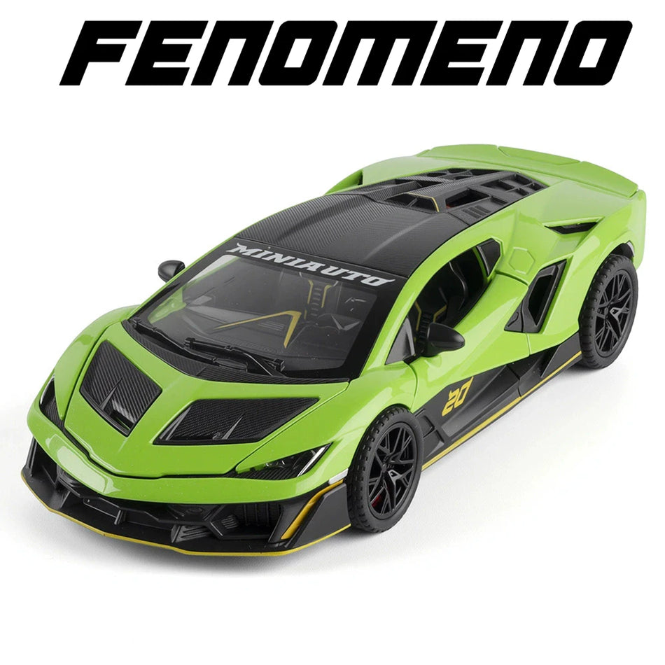 Modelo de coche super de metal fundido a escala 1:32 con alerón trasero ajustable.