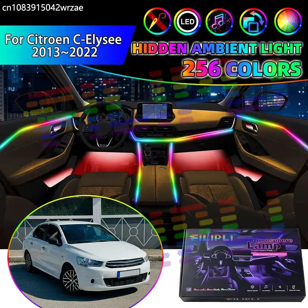 For Citroen C-Elysee 2013~2022 Peugeot 301 RGB Car Interior Ambient Lights Strips Breathing Lighting Kit App Control LED strips by InterCyprus Trading Ltd