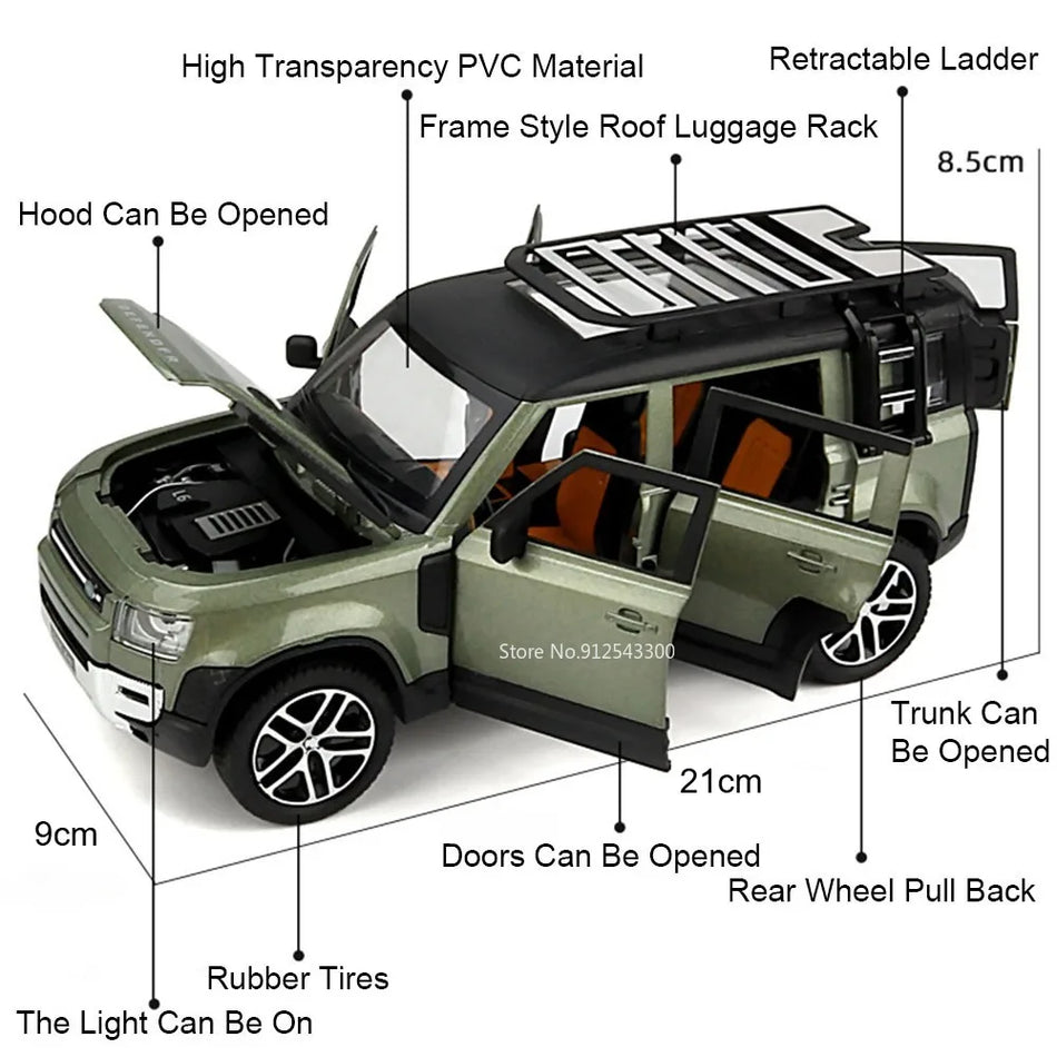 Modelo de coche de metal fundido 1:24 con sonido y luz para Land Rover Defender LX600