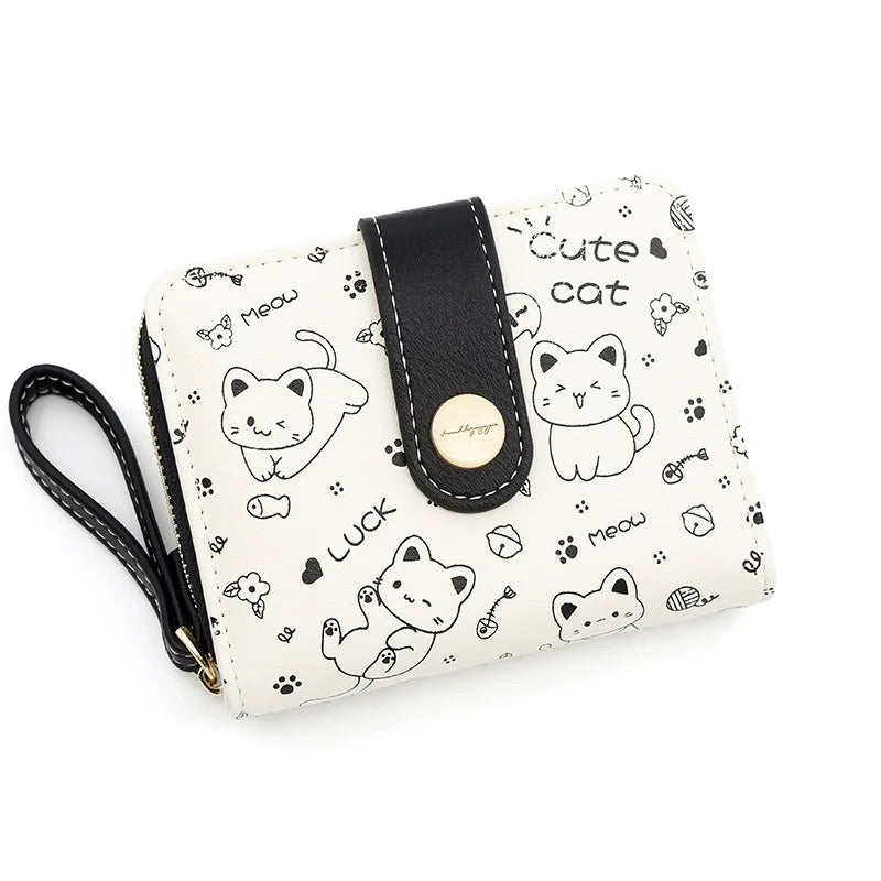 Cute Cat Girl Zipper Wallet for Women &ndash; Fashionable Short Card Holder and Coin Purse Black