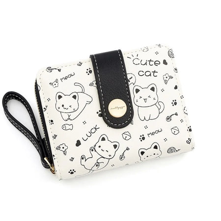 Cute Cat Girl Zipper Wallet for Women &ndash; Fashionable Short Card Holder and Coin Purse Black