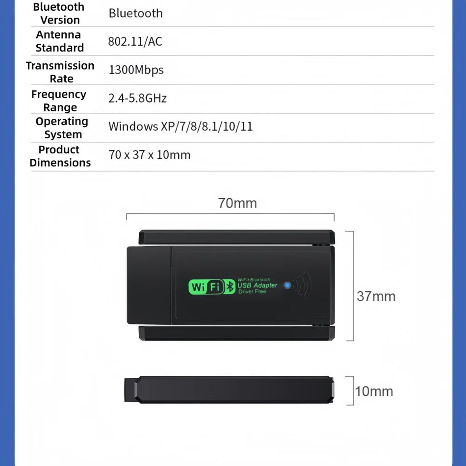 Adaptateur USB WiFi 6 Bluetooth 5.3 de 1300Mbps pour bureau, double bande 2.4GHz/5GHz