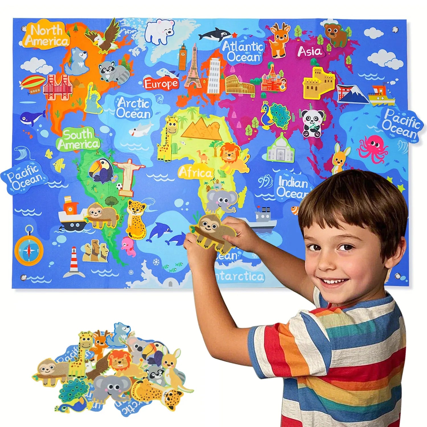 World Map Children's Felt Board Toy Set 45pc &ndash; Map Learning 40inX27.5in