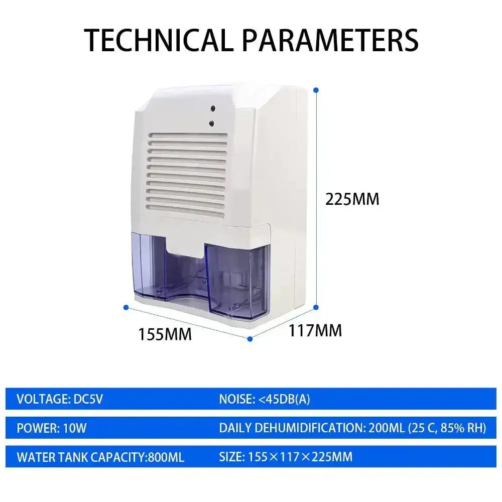 Compact Quiet Portable USB Dehumidifier 800ml Bedroom White