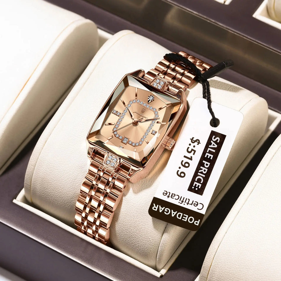 Luxe Dames Rechthoek Horloge RVS Diamanten Wijzerplaat Datum Waterdicht