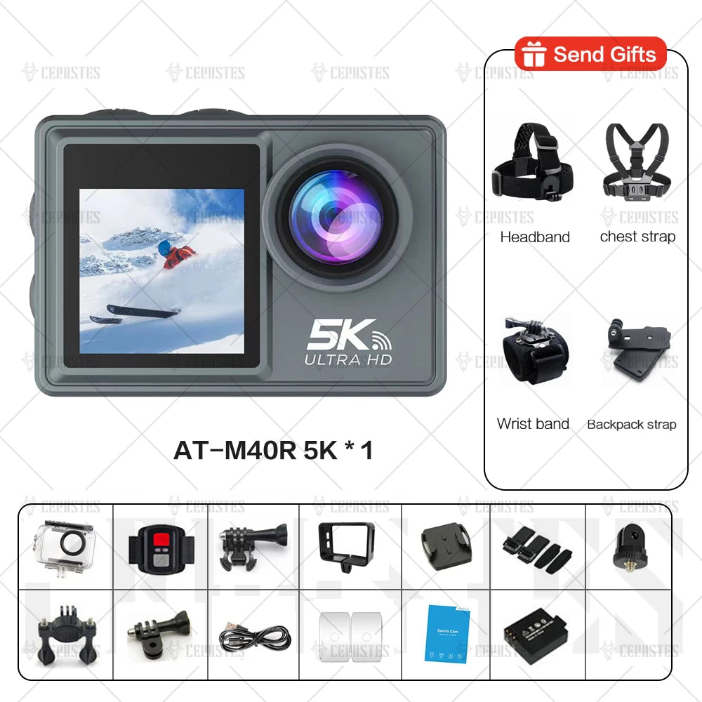 CERASTES 5K WiFi Action Camera &ndash; Dual Screen 170 Degree Wide Angle AT-M40R C / 0G