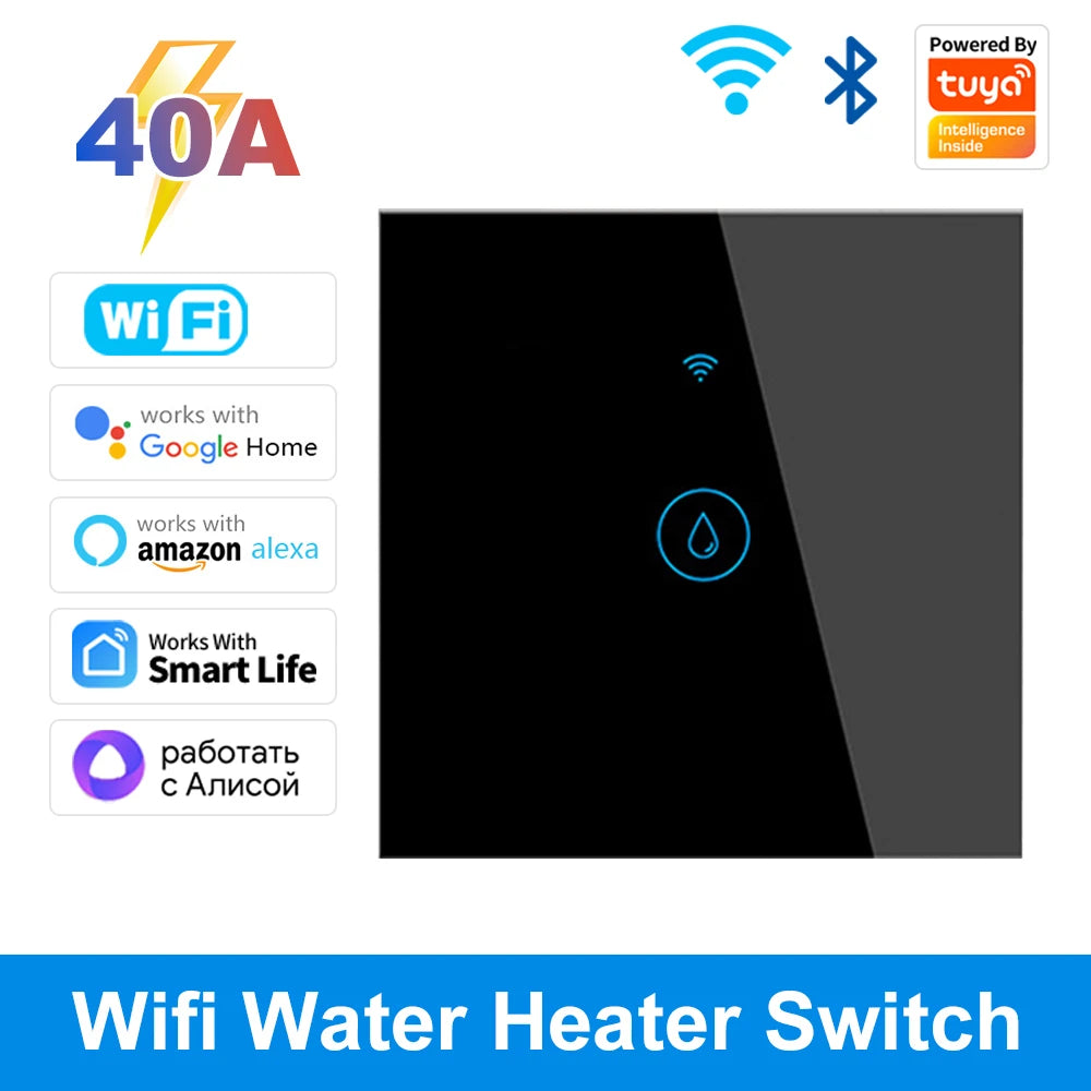 Tuya Smart 40A WiFi &amp; Bluetooth Water Heater Touch Switch Black