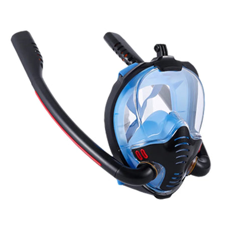 Professional Double Tube Snorkeling Mask - 180&deg; Panoramic View, Anti-Fog, Dry Top blue