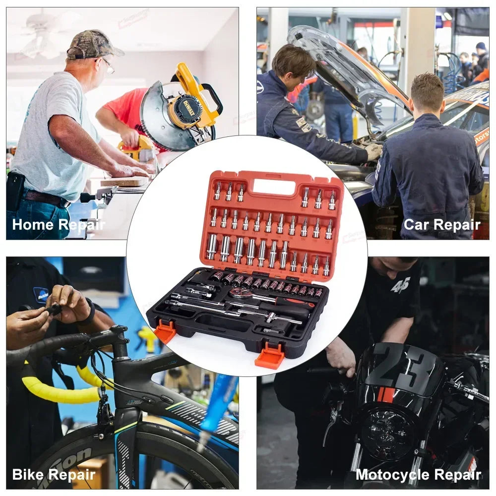 46/53 Piece Car Repair Tool Kit - Socket, Ratchet, Torque Wrench Combo