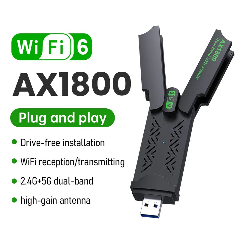WiFi 6 USB adapteris 1800Mbps divjoslu 2.4G un 5GHz, bez draiveriem
