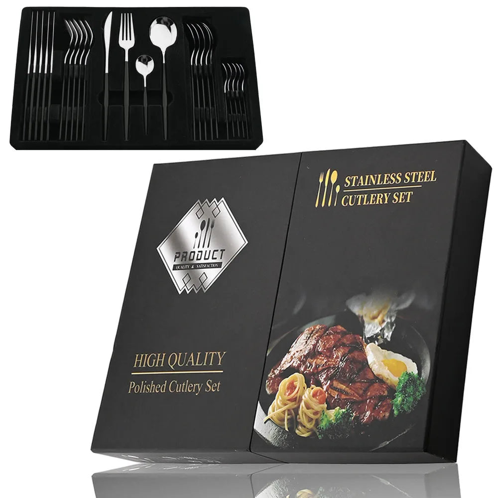 KNGZI 24Pcs Black Handle Golden Cutlery Set &ndash; Elegant Stainless Steel Flatware for Any Occasion Black Silv 24Pcs box