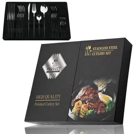KNGZI 24Pcs Black Handle Golden Cutlery Set &ndash; Elegant Stainless Steel Flatware for Any Occasion Black Silv 24Pcs box
