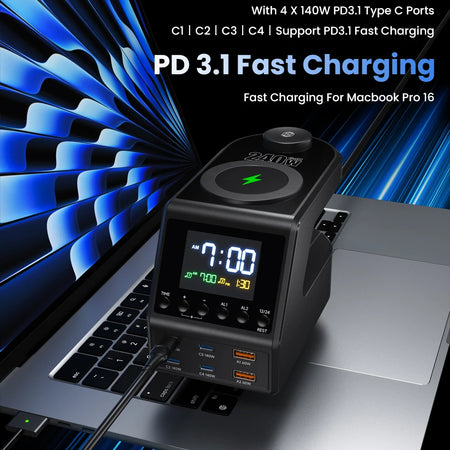 ASOMETECH 240W GaN Charger Station &ndash; Fast Wireless Charging with Time Display