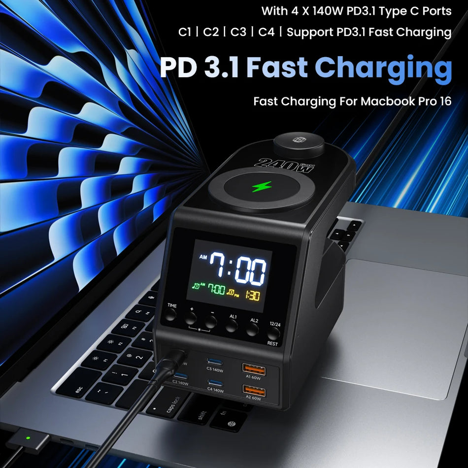 ASOMETECH 240W GaN Charger Station &ndash; Fast Wireless Charging with Time Display