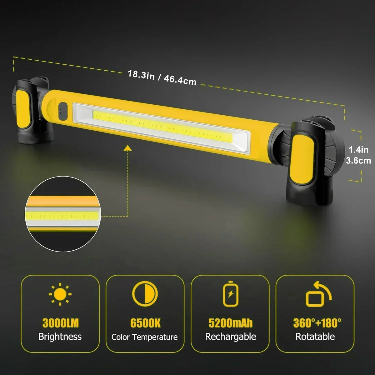 Super Bright Magnetic Work Light &ndash; Built-In 5200mAh Rechargeable Battery
