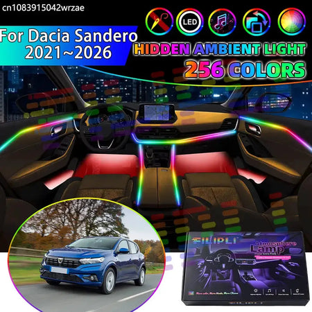 For Dacia Sandero 2021~2026 BJI MK3 2022 RGB Car Interior Ambient Lights Strips Breathing Lighting Kit App Control LED strips by InterCyprus Trading Ltd