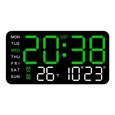 Large LED Digital Wall Clock with Remote Control, Temperature &amp; Date Display Black-green