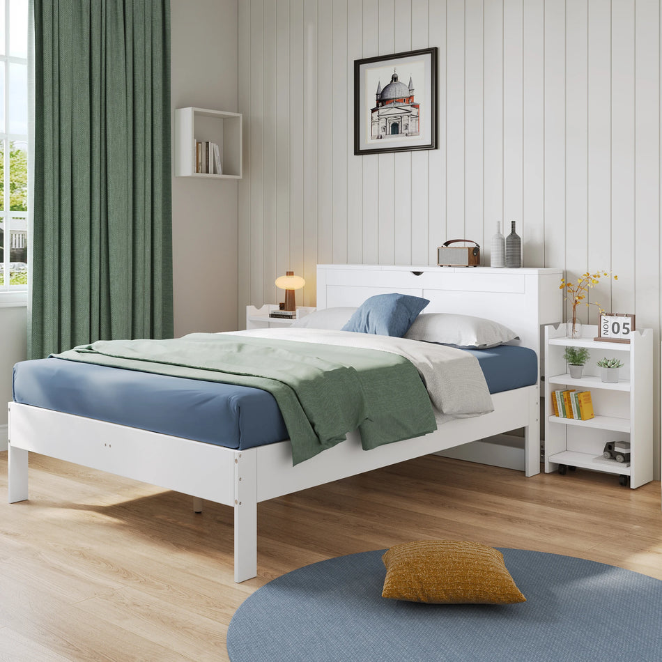 140x200 Biała Ramka Łóżka z Wysuwanymi Stolikami i Zagłówkiem