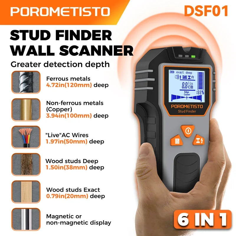 Rilevatore di parete 6-in-1 e cercatore di travi con schermo LCD per legno, metallo, fili