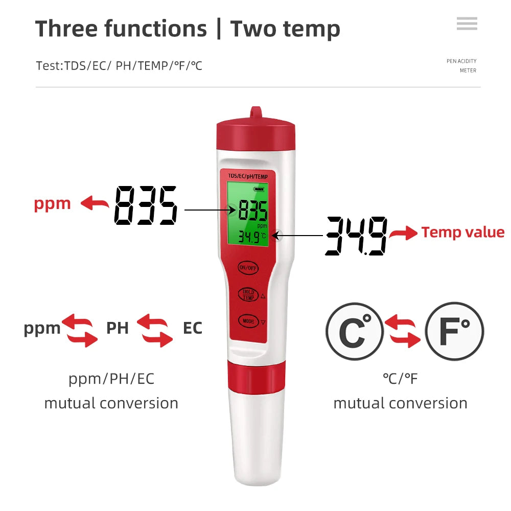 Handheld PH Meter Waterproof TDS EC Temp Tester &ndash; Backlight