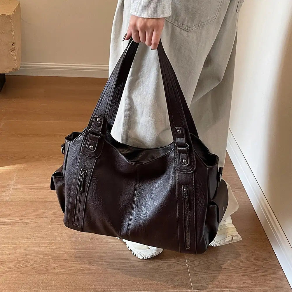 Women PU Leather Crossbody Zipper Tote Bag For Work Travel Coffee