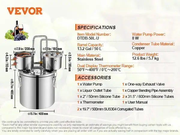 Stainless Steel Alcohol Distiller Kit Dual Condenser DTDB-50L-U / france
