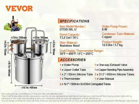 Stainless Steel Alcohol Distiller Kit Dual Condenser DTDB-50L-U / france