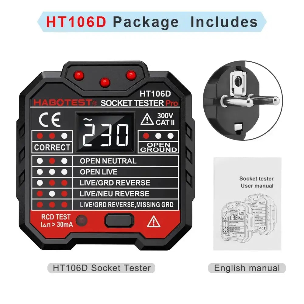 Socket Tester Pro Voltage RCD 30mA Ground Polarity UK EU HT106D EU Socket