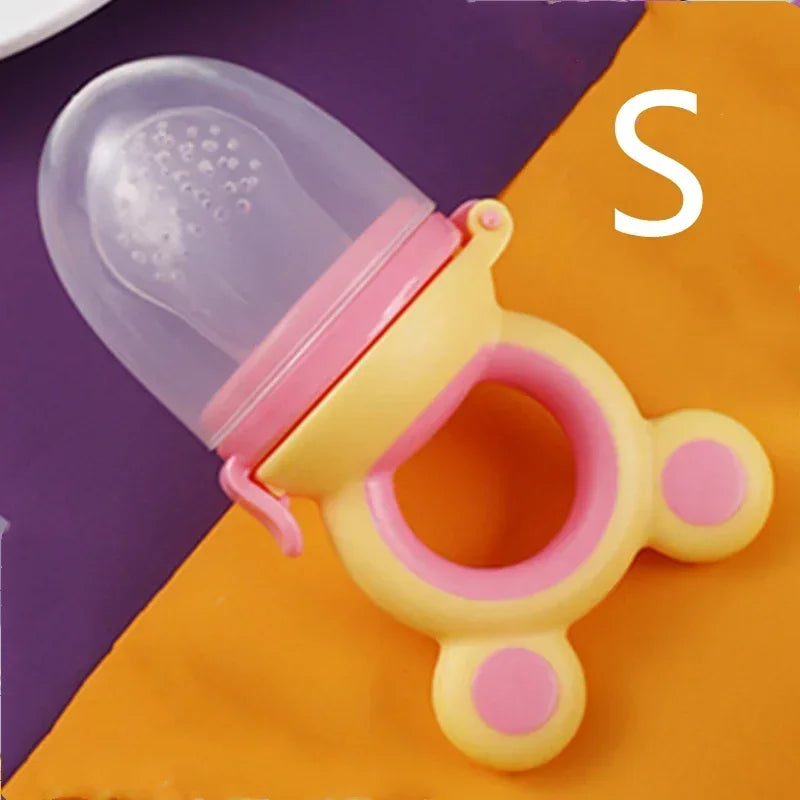 Cute Silicone Fresh Food Nibbler with Bear Ears for Infants Yellow pink S
