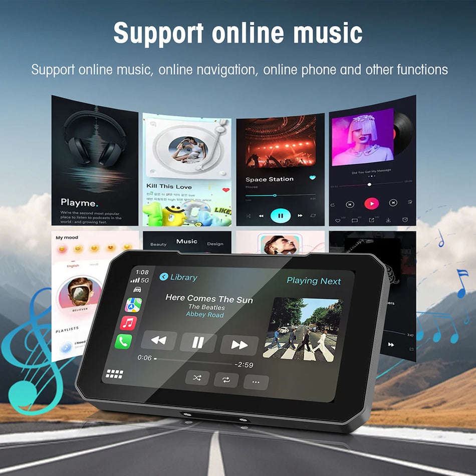 Motosiklet CarPlay 5 İnç Ekran, Çift 1080P Kamera, Kablosuz Android Auto