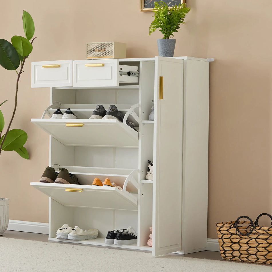 Λευκό Ντουλάπι Παπουτσιών Με Ρυθμιζόμενα Ράφια Και Χρυσά Χερούλια