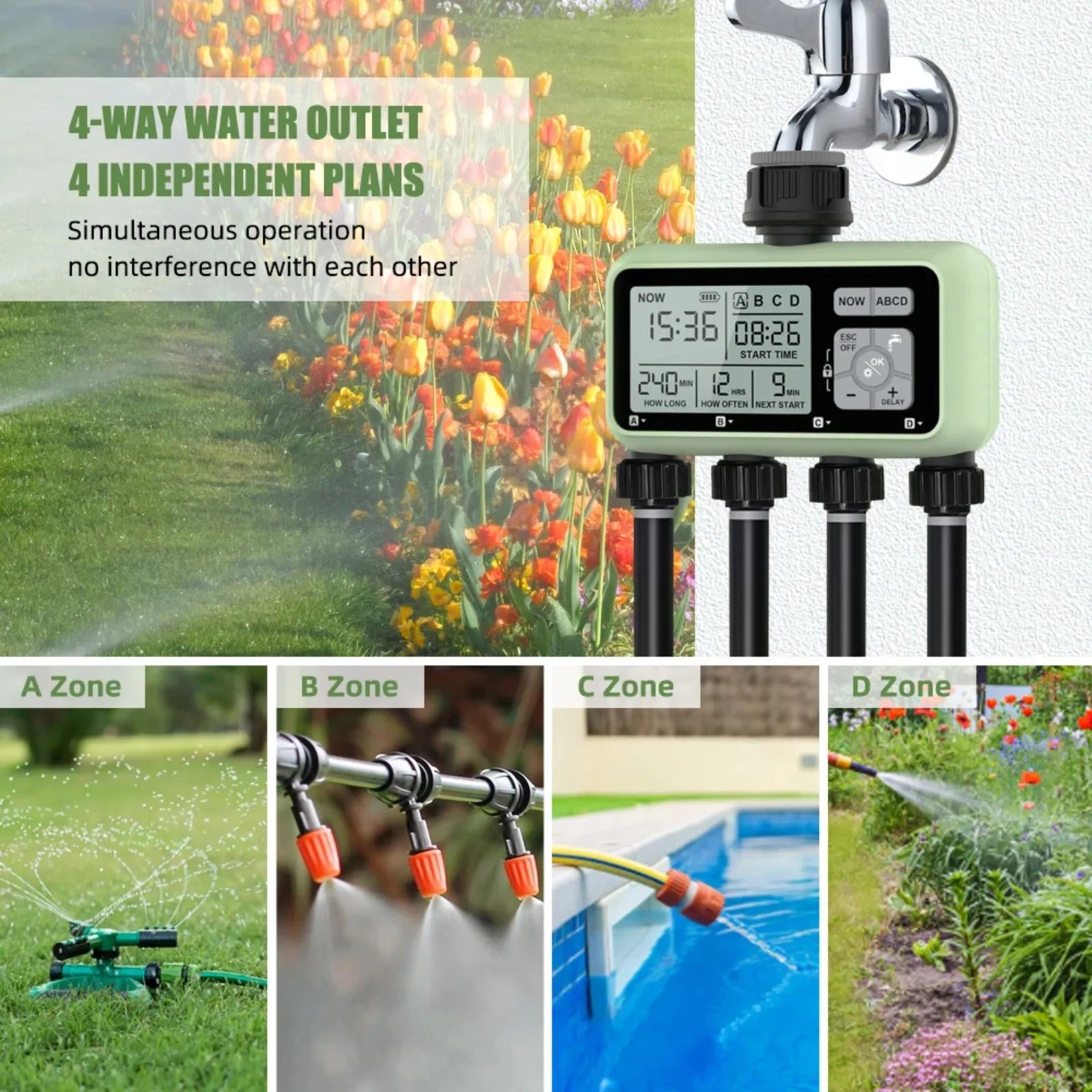 Automatic 4-Outlet Water Timer Controller for Efficient Garden Irrigation