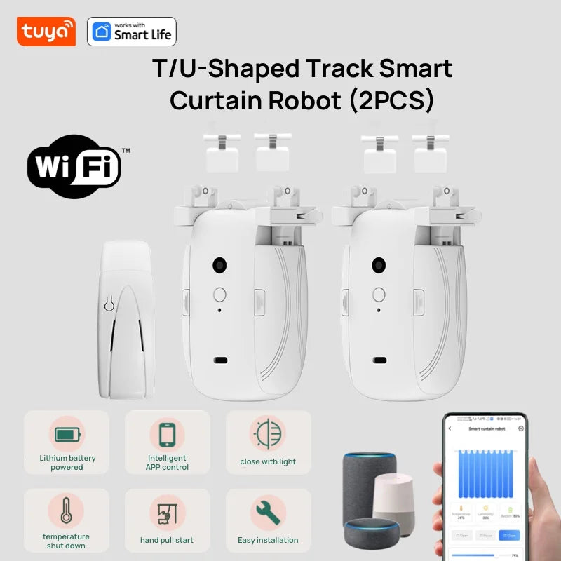 Tuya Smart Curtain Robot WiFi APP Remote Control/Voice Control(Alexa Google Siri)ForTU-Rail shaped Track,Pull-to-start,8KG load WIFI-TU-Double