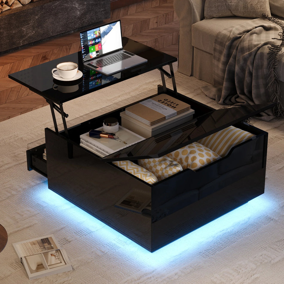 Table basse LED levable 70x70x38 cm avec tiroir brillante