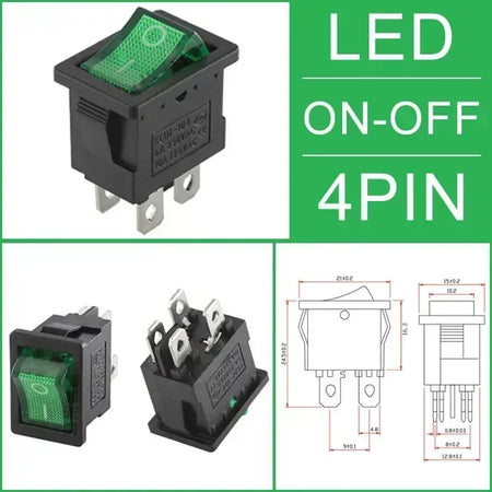 10/30/100 Pcs KCD1 Snap - in Boat Rocker Switch - SPST ON - OFF, 2/3/4 Pin, 250V 6A (AC) / 125V 10A, 2P Toggle Power Snap Switch Green Light 4Pin / 10 PCS