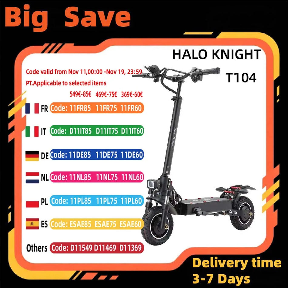 Σκούτερ Ηλεκτρικό Halo Knight T104 με Ελαστικά 10-Ιντσών για Off-Road, Διπλοί Κινητήρες 1000W