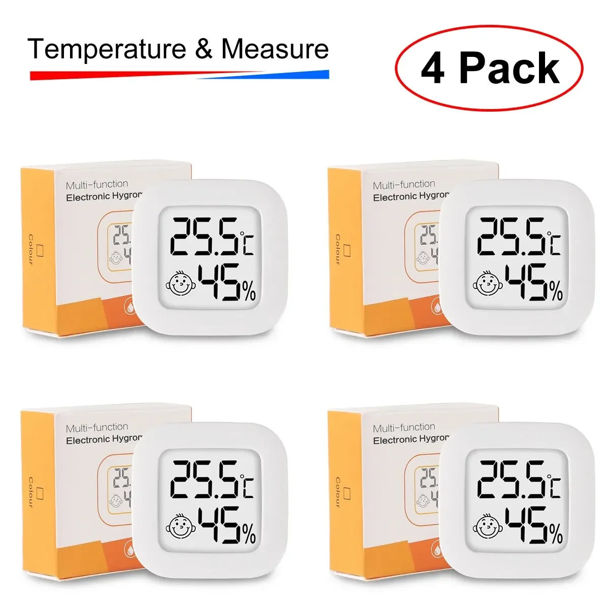 4Pcs Digital Thermometer Hygrometer Set - Wall Hanging LCD 2Pcs White