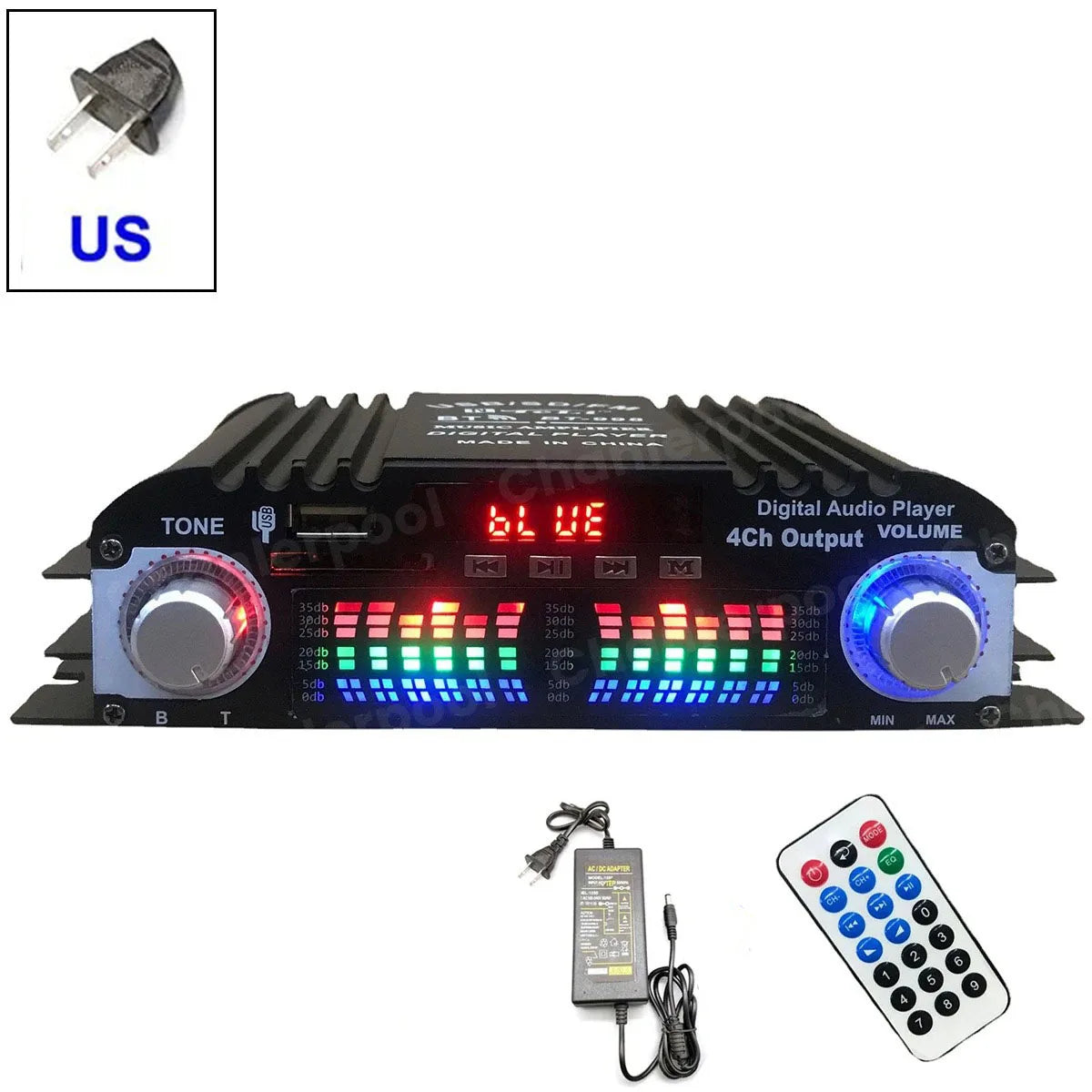 Creadvent 4-Channel Bluetooth Audio Amplifier with FM Radio &amp; Remote Control US Plug