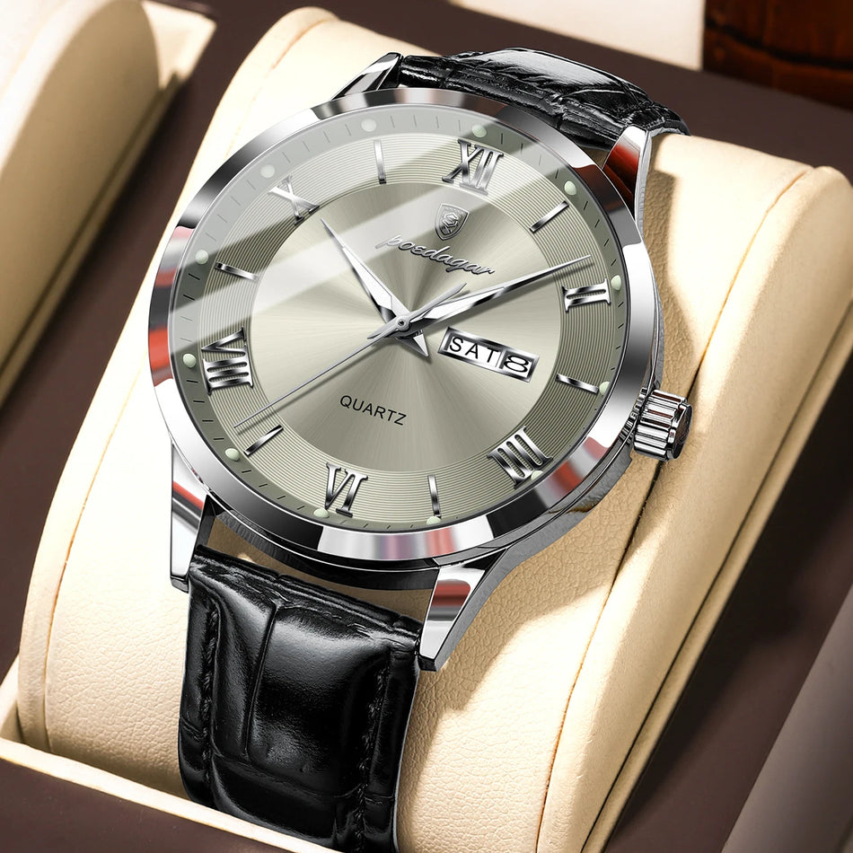 POEDAGAR Luxury Leather Quartz Watch for Men, Waterproof, Luminous Date and Day