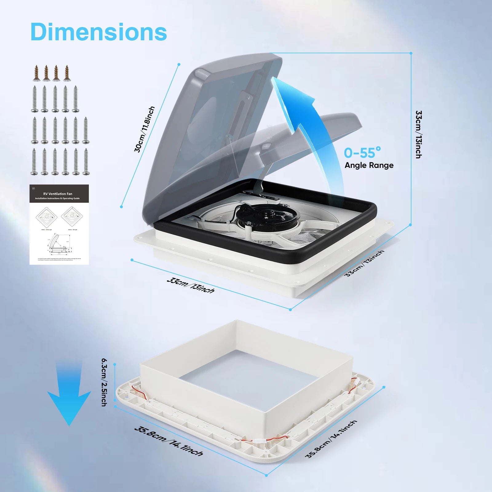 Electric Fansy Rv 28*28cm Manual RV Fan with LED Light 3-Speed Caravan RV Roof Skylight ...