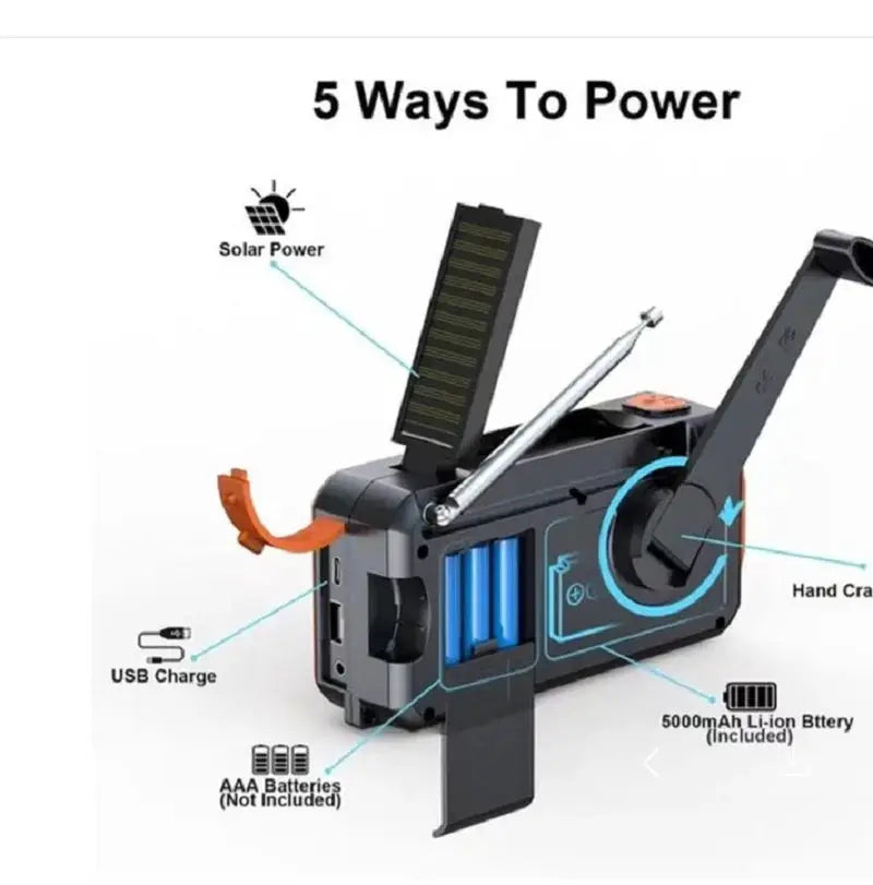 Radio d'urgence portable DAB FM à manivelle avec panneau solaire, Bluetooth, batterie de 5000mAh