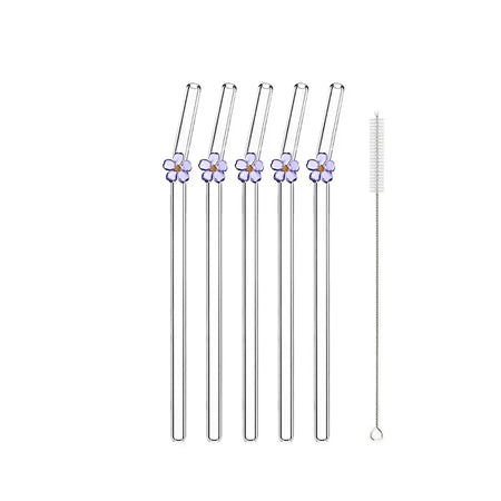 5Pcs Reusable Glass Straws &ndash; Eco-Friendly Flower Shape Design Purple